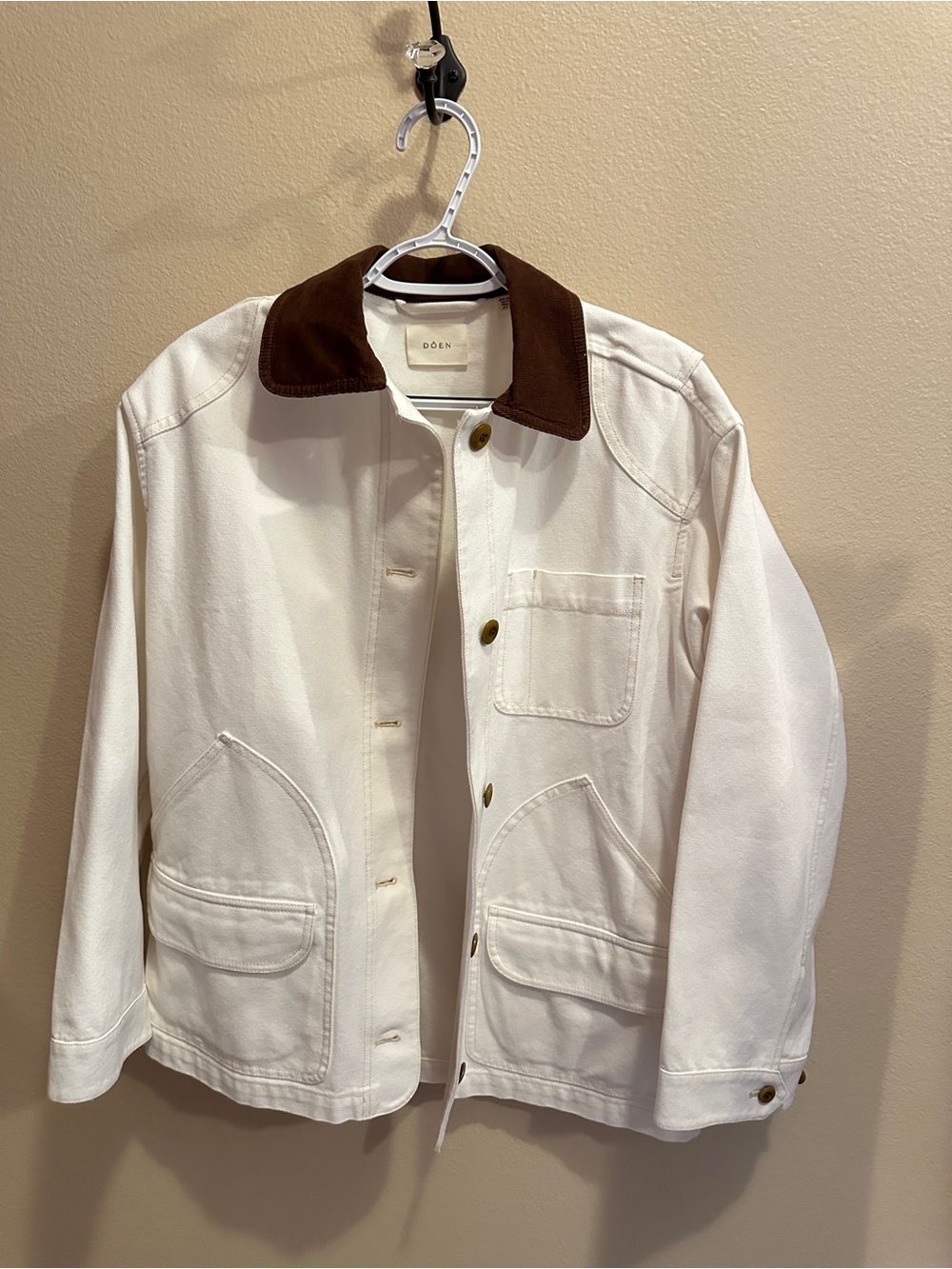 Doen Cream Canvas Jacket with Brown Corduroy Collar